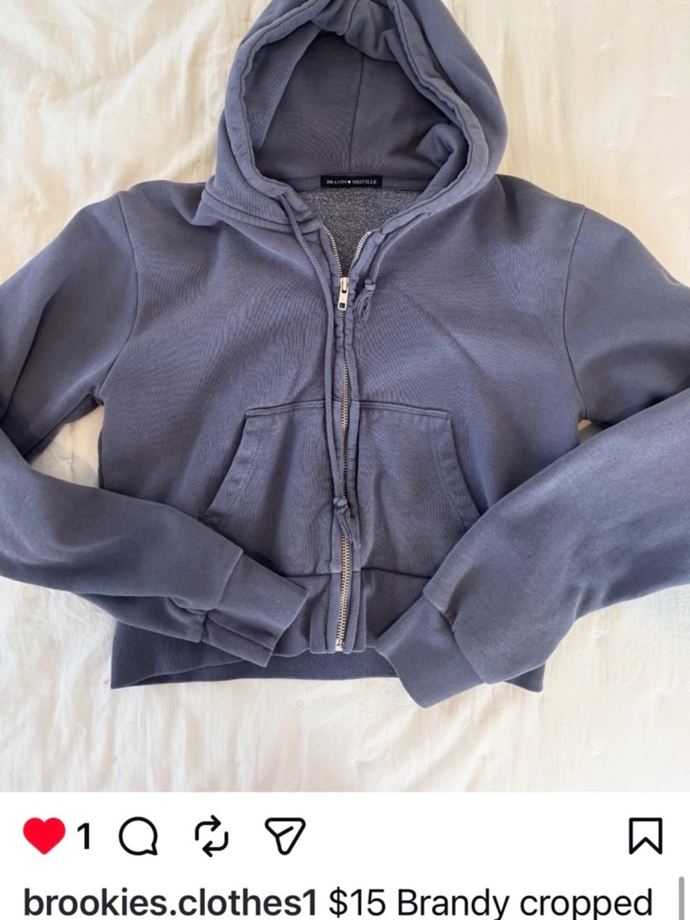 Brandy Melville slate blue Zip-Up Cropped Hoodie